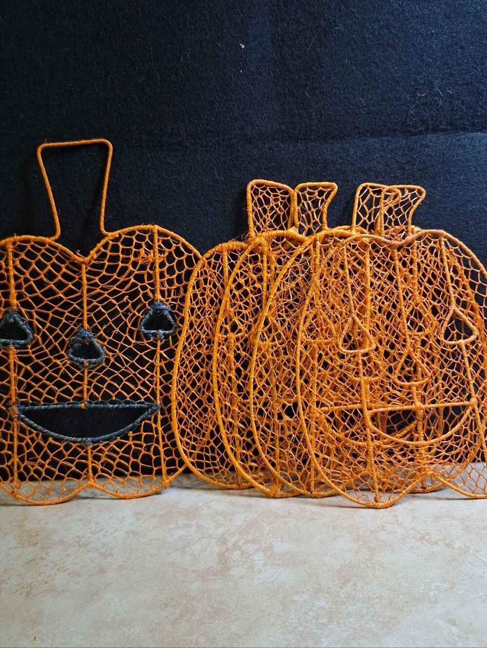 Vintage Macrame Halloween Decoration Decor Wall Art Pumpkin Jack O Lantern Set/5